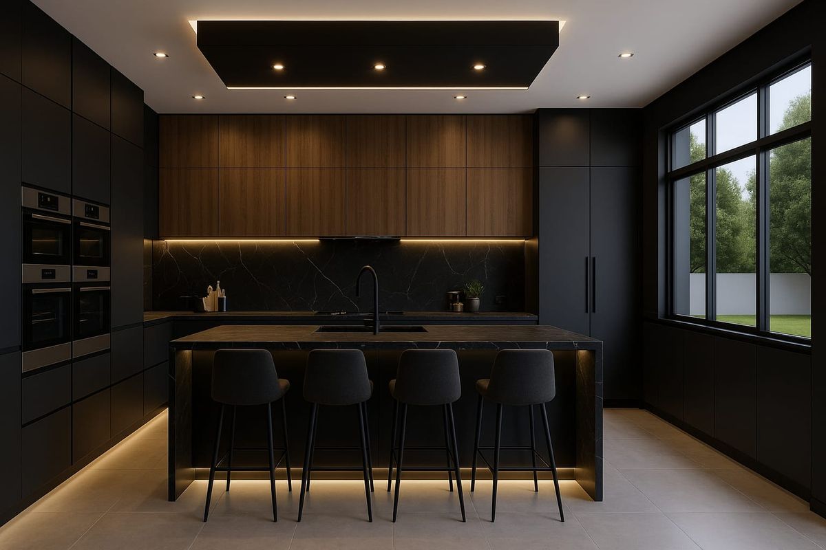 Modern, high-end kitchen featuring dark cabinetry, wood-accented upper cabinets, a central island with integrated sink, and sophisticated recessed and under-cabinet lighting.