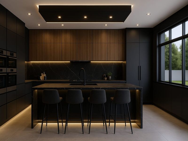 Modern, high-end kitchen featuring dark cabinetry, wood-accented upper cabinets, a central island with integrated sink, and sophisticated recessed and under-cabinet lighting.