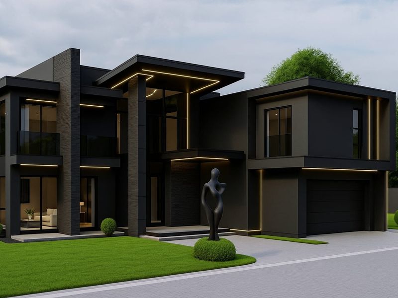 A striking modern two-story residence featuring a sleek black facade, integrated architectural LED lighting, and a paved driveway.