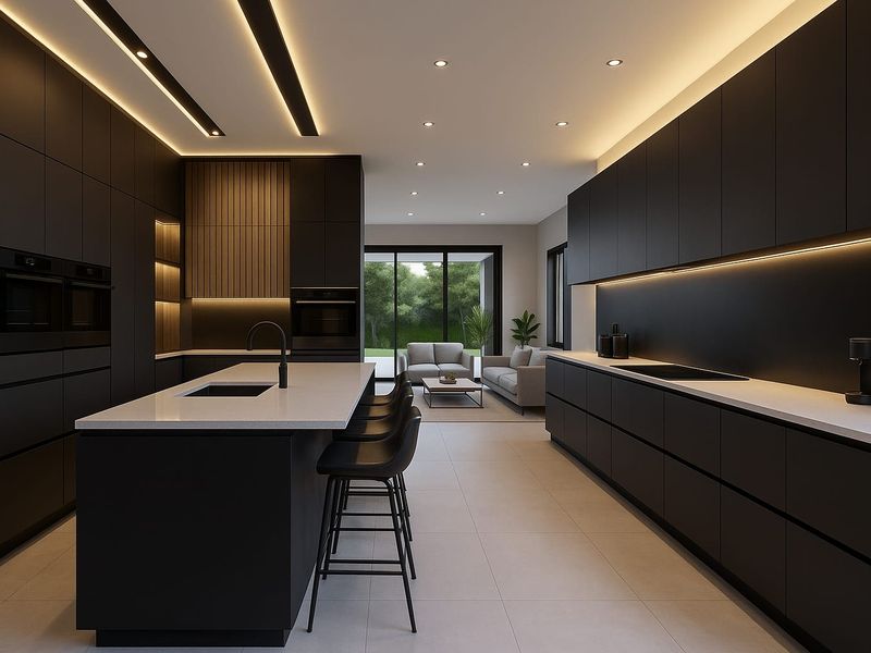 Modern open-plan kitchen featuring sleek matte black cabinetry, a central island with stone countertops, and integrated appliances, flowing into a bright living area.