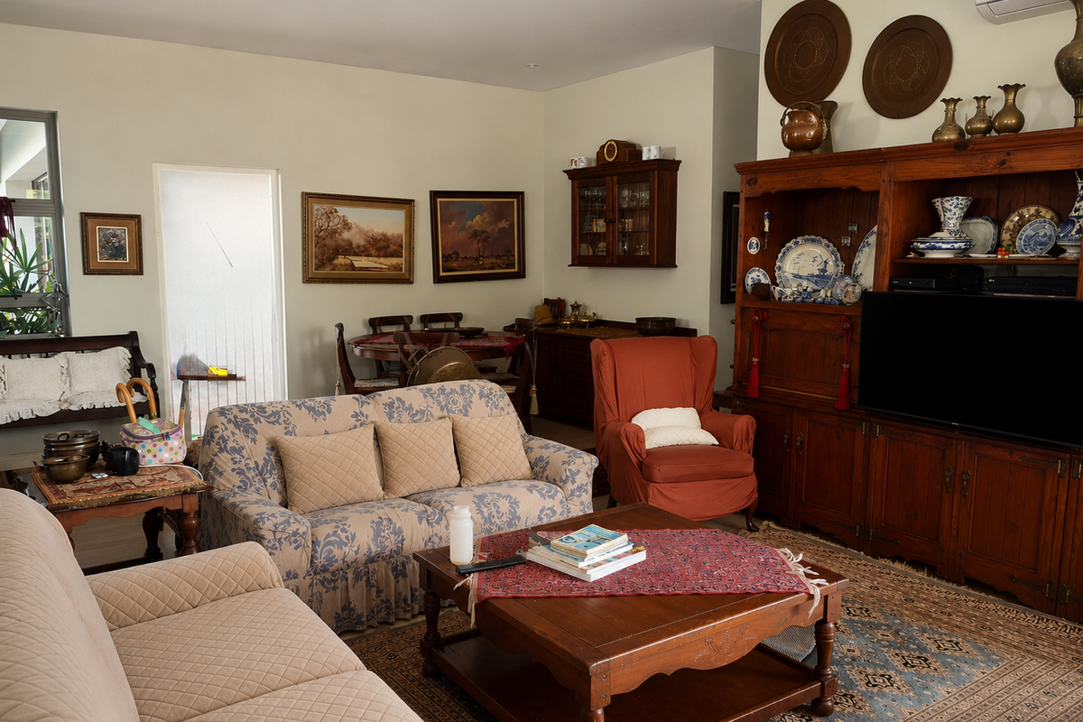 A spacious living room featuring recessed downlighting and a wall-mounted air conditioning unit, offering a comfortable and functional layout for relaxation.