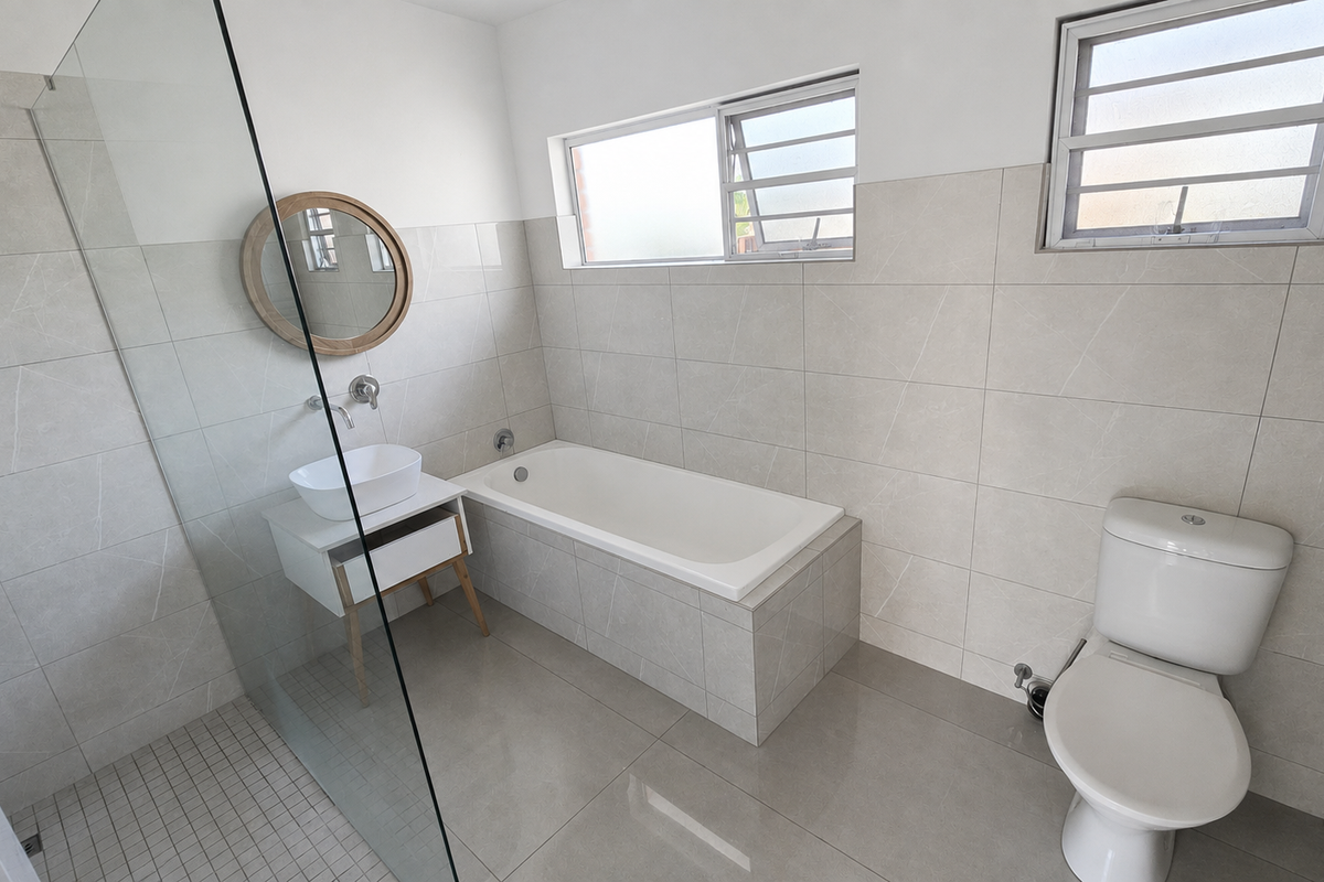 Modern bathroom featuring a glass-enclosed shower, built-in bathtub, wall-mounted basin, and neutral floor-to-ceiling tiling with louver windows for ventilation.