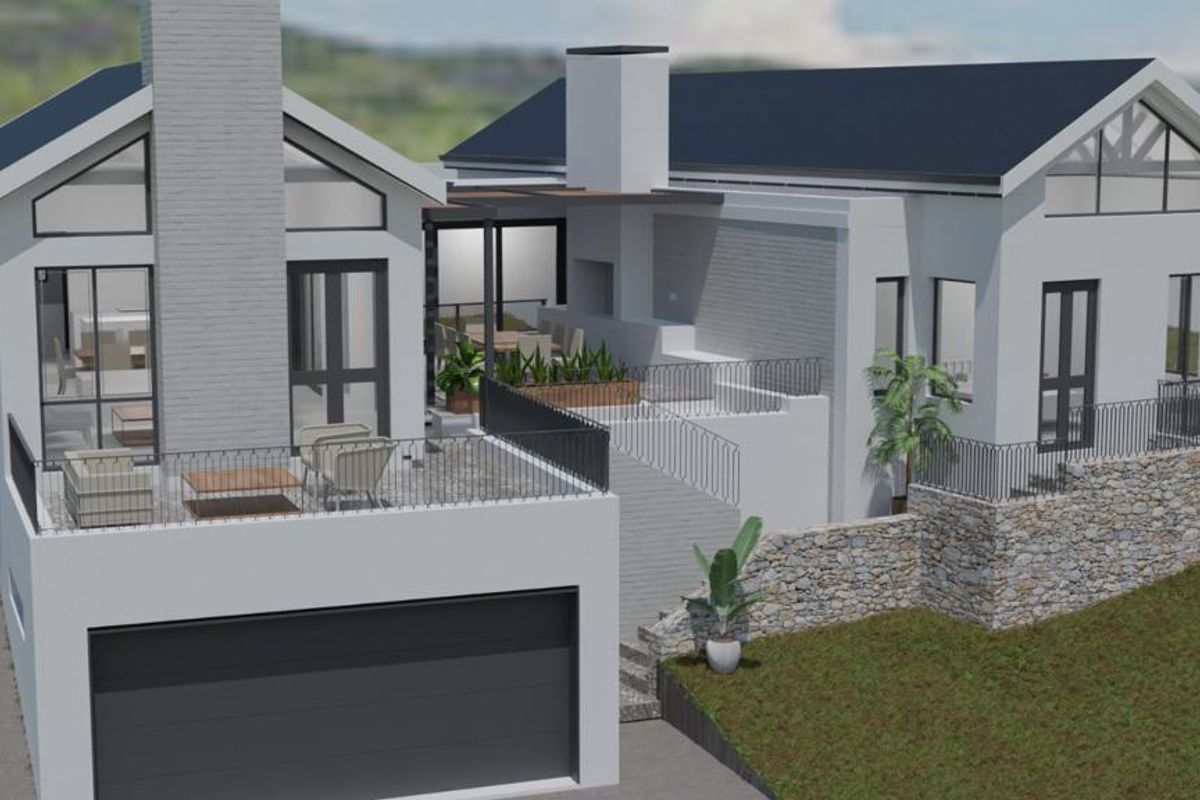 A 3D architectural rendering of a modern residential property featuring a garage, elevated patio area, stone retaining walls, and a pitched roof design.