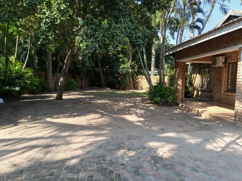 A spacious rear garden area featuring brick paving, a covered patio, and established trees, offering potential for landscaping and outdoor living improvements.