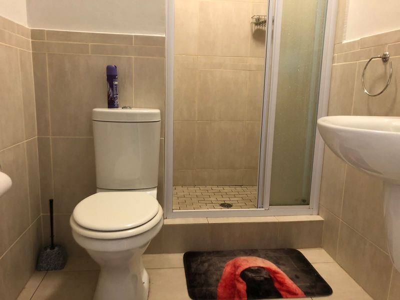 A functional bathroom featuring a pedestal basin, a toilet, and a tiled shower enclosure with a glass door.