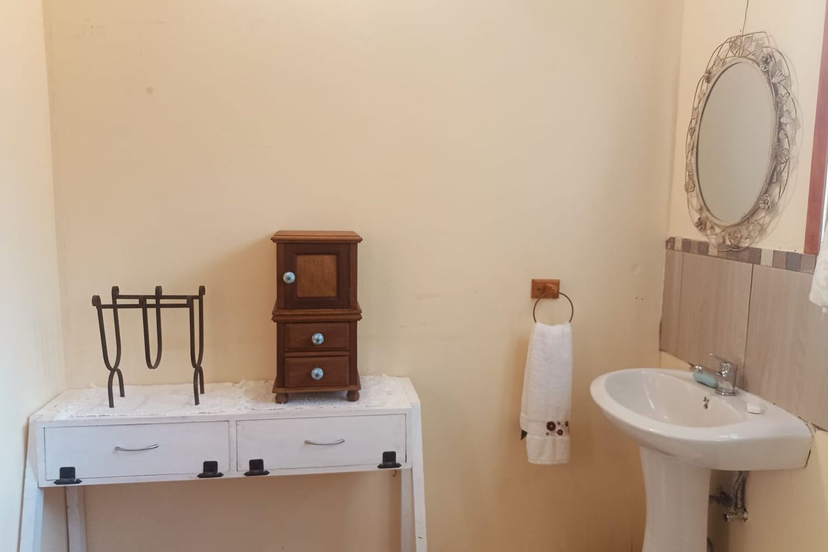 A functional bathroom featuring a pedestal basin with a chrome mixer tap and a tiled splashback.