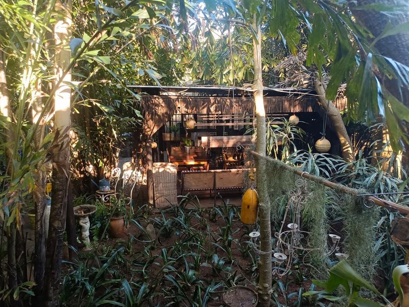 A rustic, covered outdoor patio area nestled within a lush, densely planted garden setting, providing a shaded space for outdoor relaxation.