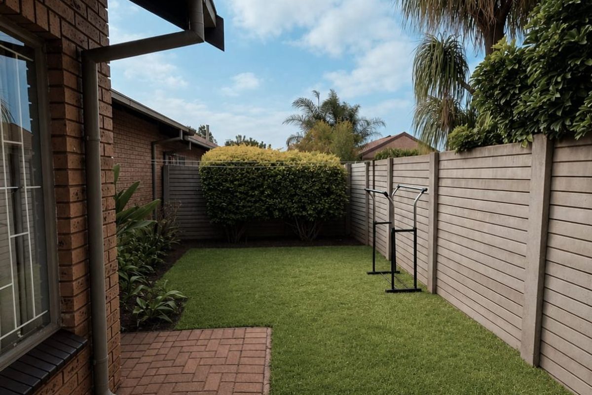 A well-maintained rear garden featuring a brick-paved patio, artificial lawn, and secure precast concrete boundary walling.