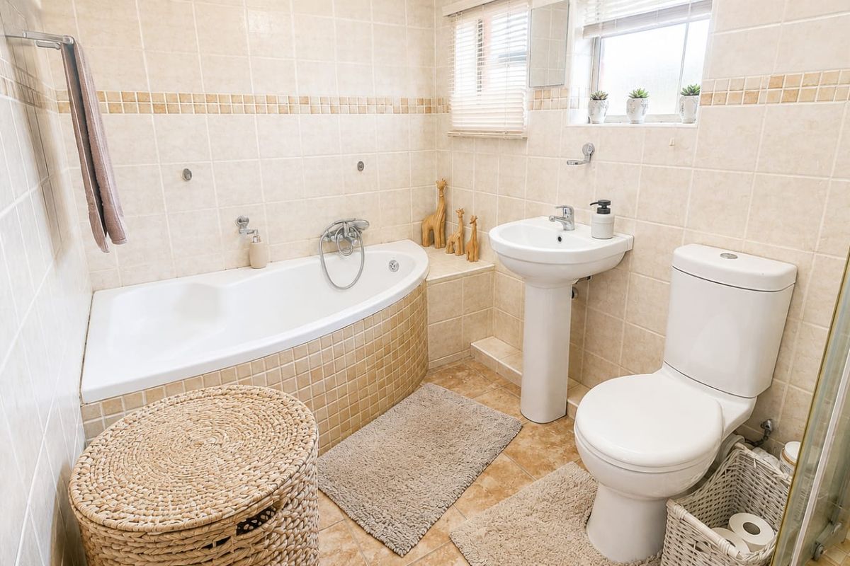 A functional bathroom featuring a corner bathtub, pedestal basin, toilet, and a separate shower enclosure with neutral wall and floor tiling.