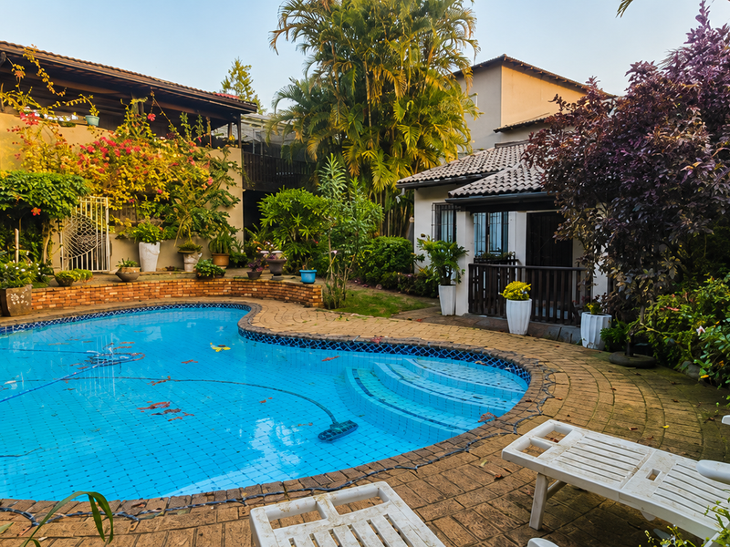 A landscaped backyard featuring a kidney-shaped swimming pool with brick paving, surrounded by mature trees and established garden beds.