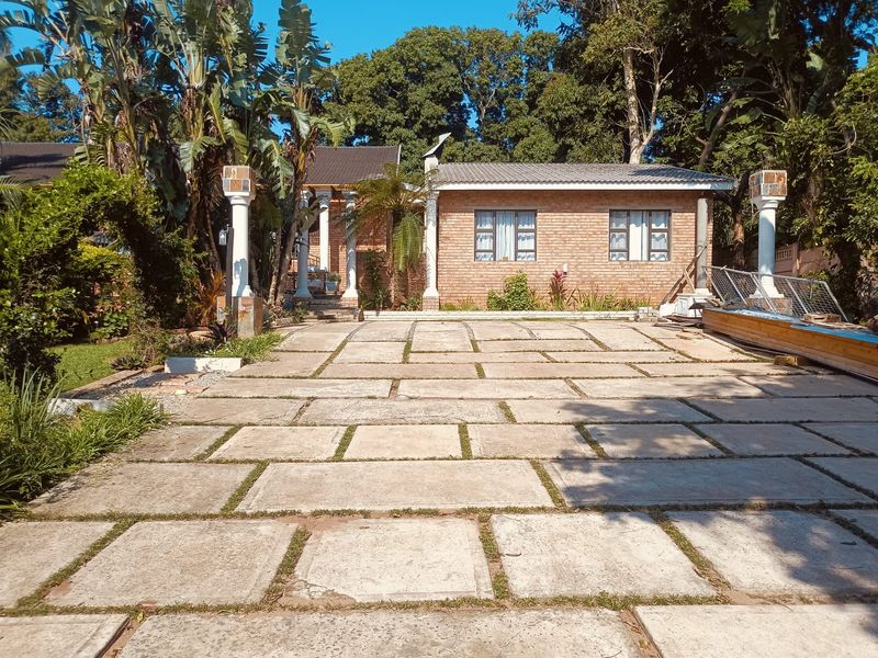 Front view of a brick house featuring a large paved driveway, decorative columns, and established garden surroundings.