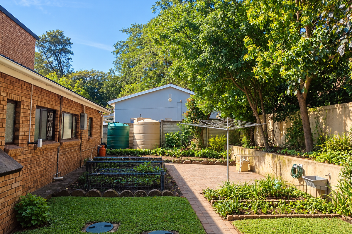 A well-maintained rear garden featuring a paved patio area, raised garden beds, lawn, and two large water storage tanks against a brick exterior wall.