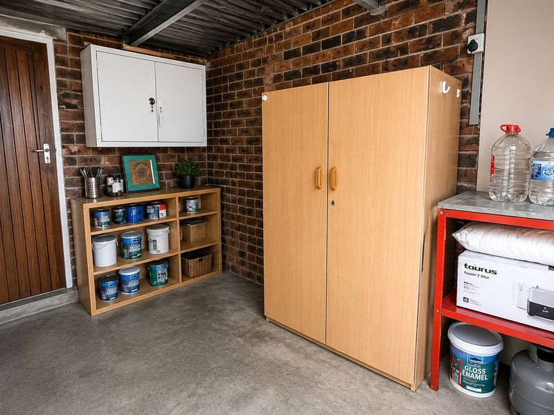 A functional garage space featuring exposed brick walls, concrete flooring, and a corrugated metal ceiling with wall-mounted storage cabinetry.