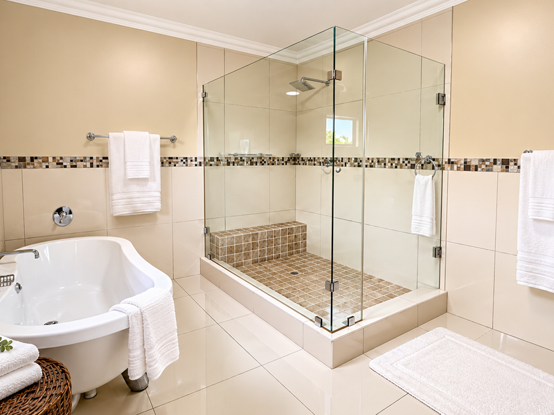 Modern bathroom featuring a freestanding bathtub, a spacious glass-enclosed walk-in shower with a built-in bench, and elegant neutral tiling with a decorative mosaic border.