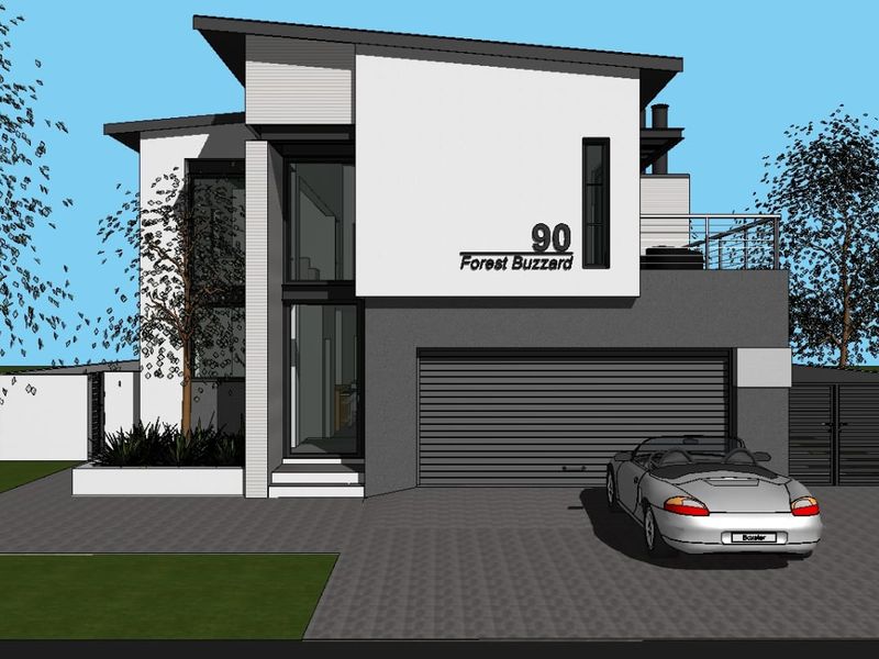 A digital architectural rendering of a modern two-story house featuring a sleek facade, integrated garage, and upper-level balcony.