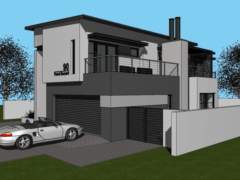 A 3D architectural render of a modern two-story residential home featuring a double garage, balcony, and paved driveway.