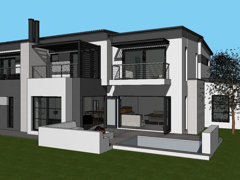 A 3D architectural render of a modern two-story house featuring a rear patio, swimming pool, built-in fire pit, and upper-level balconies.