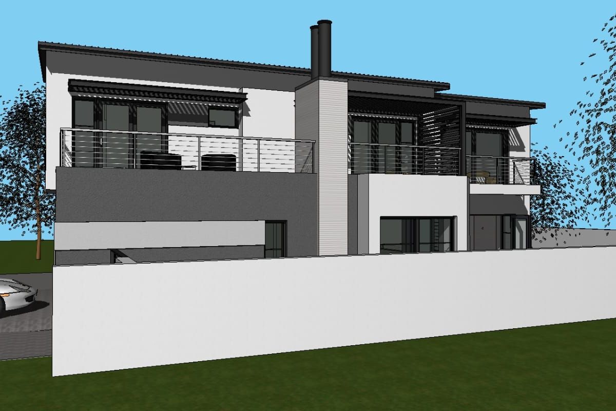 A 3D architectural render showing the rear elevation of a modern two-story house with balconies and a boundary wall.