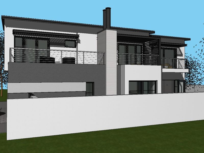 A 3D architectural render showing the rear elevation of a modern two-story house with balconies and a boundary wall.