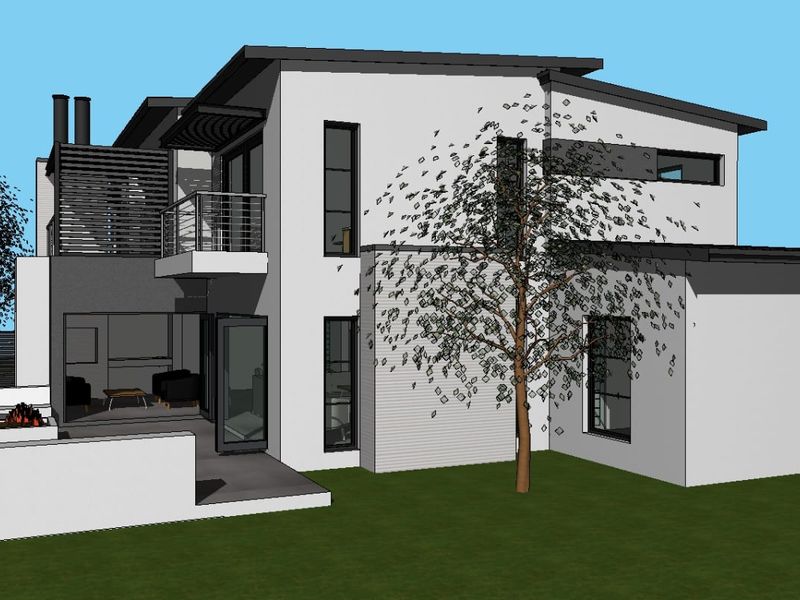A 3D architectural rendering of the rear elevation of a modern two-story house featuring a patio, built-in fireplace, and balcony.