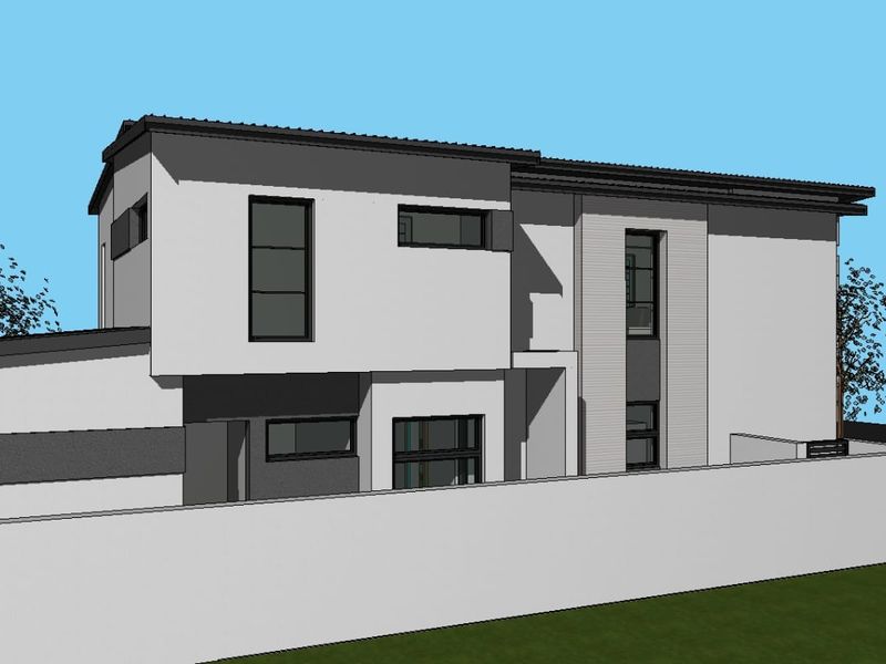 A 3D architectural rendering of a modern two-story residential house featuring a clean facade, boundary wall, and contemporary window design.