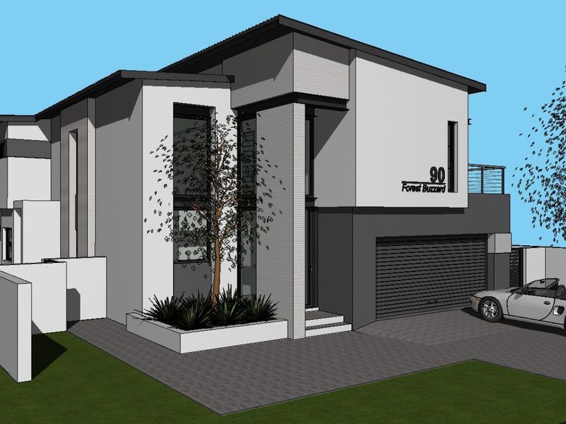 A 3D architectural render of a modern two-story residential property featuring a paved driveway, integrated garage, and contemporary facade design.