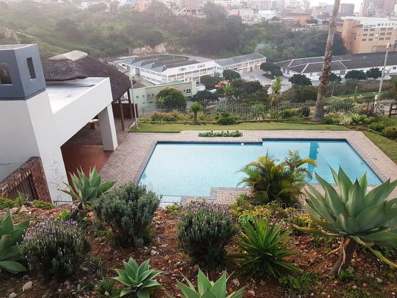 Elevated view of a swimming pool area featuring a paved deck, adjacent thatched patio, and landscaped garden overlooking the surrounding neighborhood.