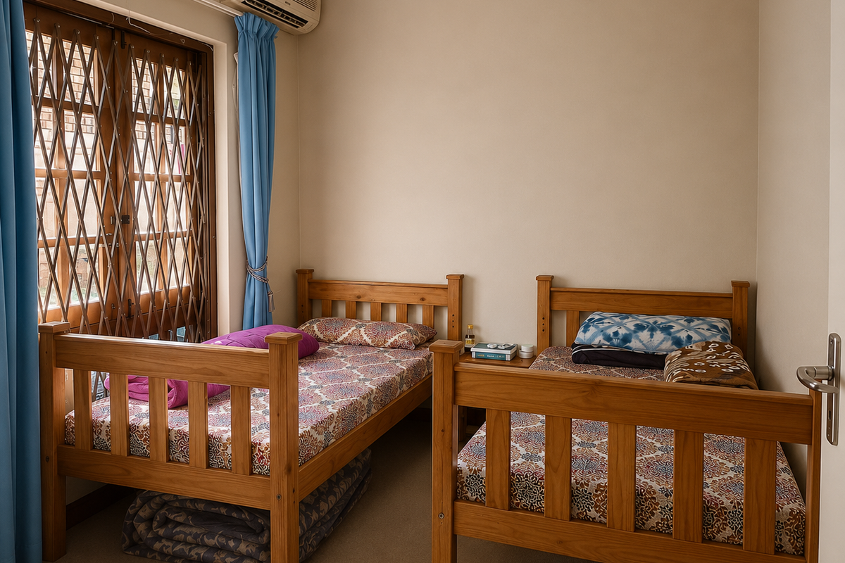 A functional bedroom featuring carpeted flooring, a wall-mounted split-system air conditioner, and a secure sliding glass door with an integrated security gate.