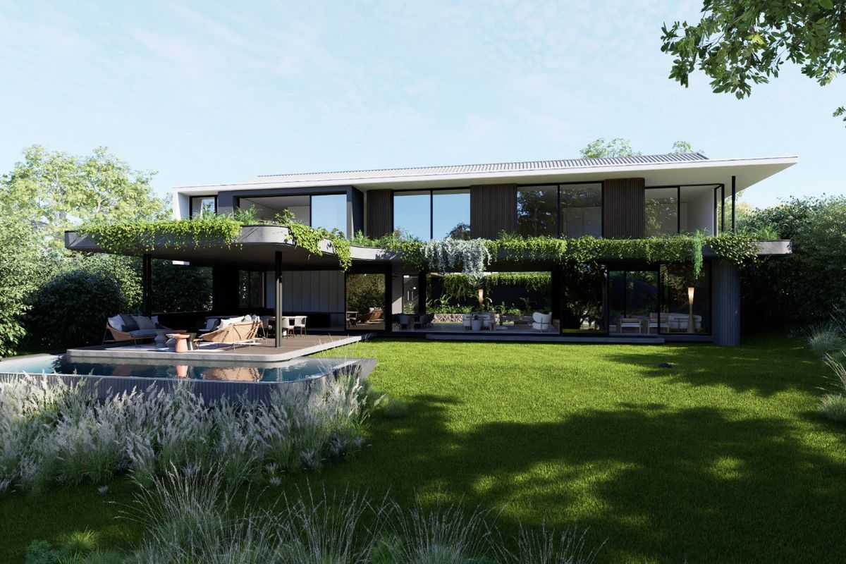A modern luxury residence featuring a spacious rear garden, a swimming pool, and a covered patio area with extensive glass sliding doors.