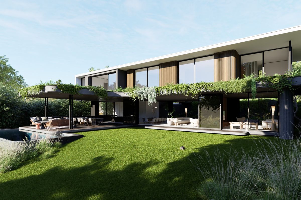 A modern architectural rear elevation featuring a spacious covered patio, swimming pool, and expansive glass sliding doors opening onto a manicured lawn.