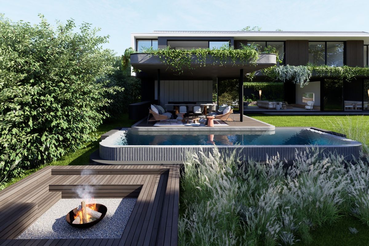 A modern rear exterior view featuring a swimming pool, sunken fire pit, and a covered patio area integrated into a landscaped garden.