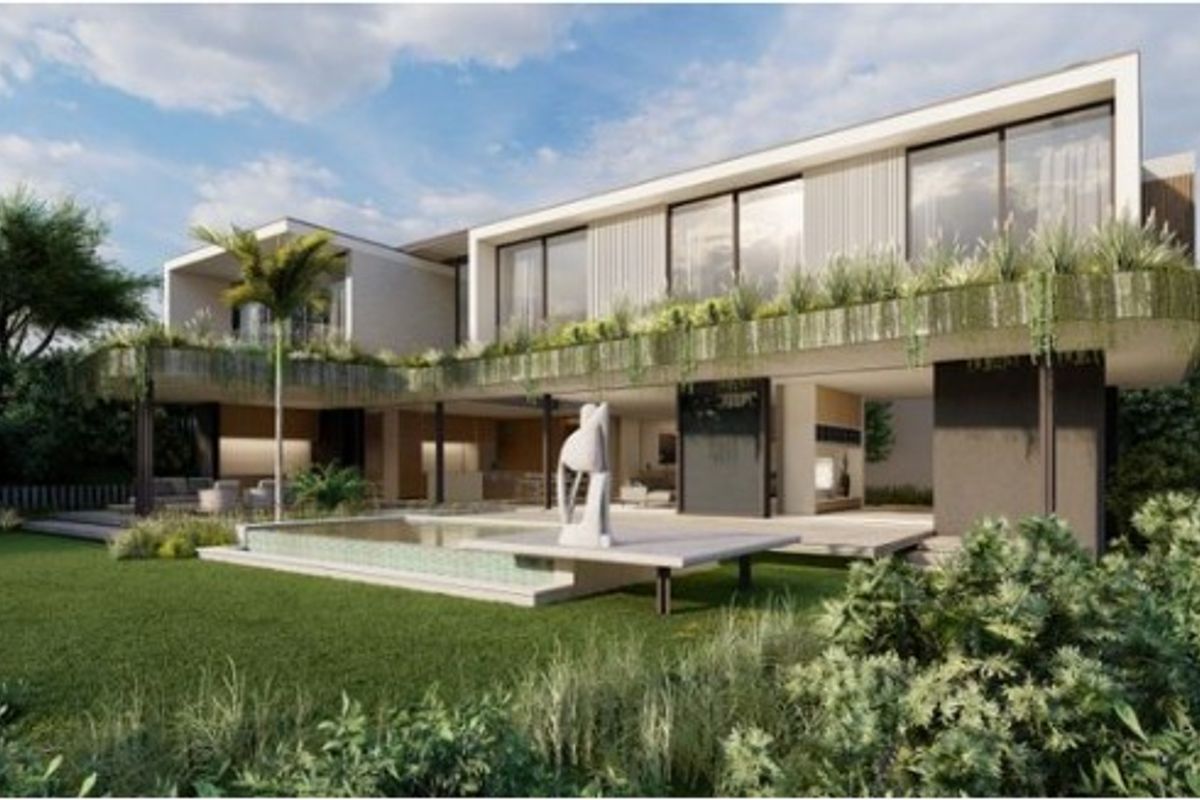 A modern architectural rendering of a luxury residence featuring a swimming pool, expansive covered patio, and landscaped garden area.