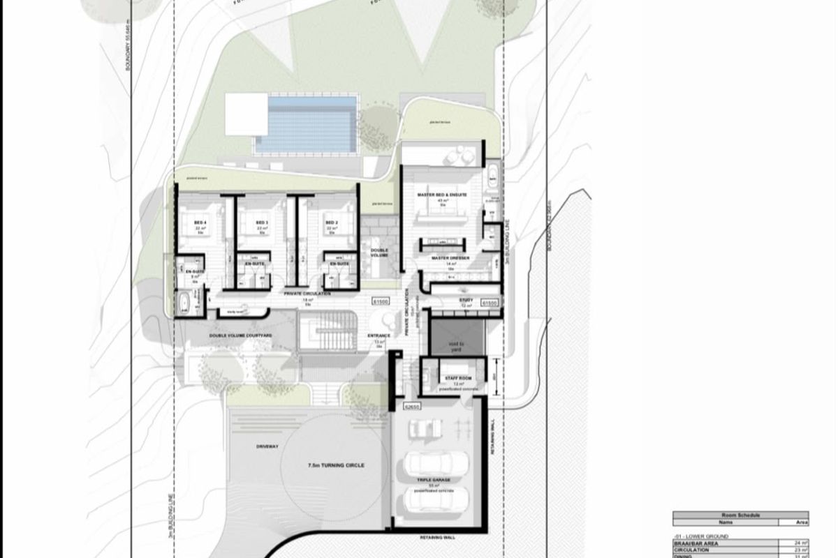 Architectural ground floor plan for House Muller, detailing the layout of the residence, including the triple garage, living areas, and pool.