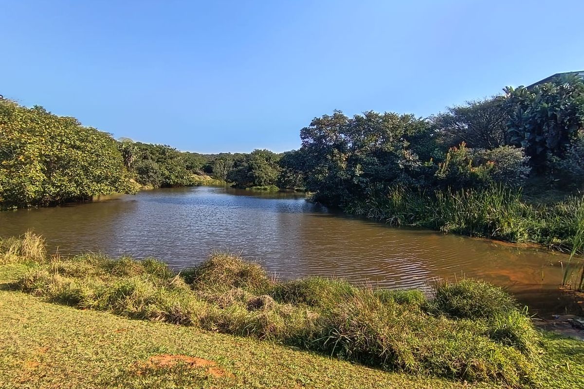 A scenic view of a natural pond surrounded by mature trees and lush greenery, highlighting the tranquil landscape of the residential land.