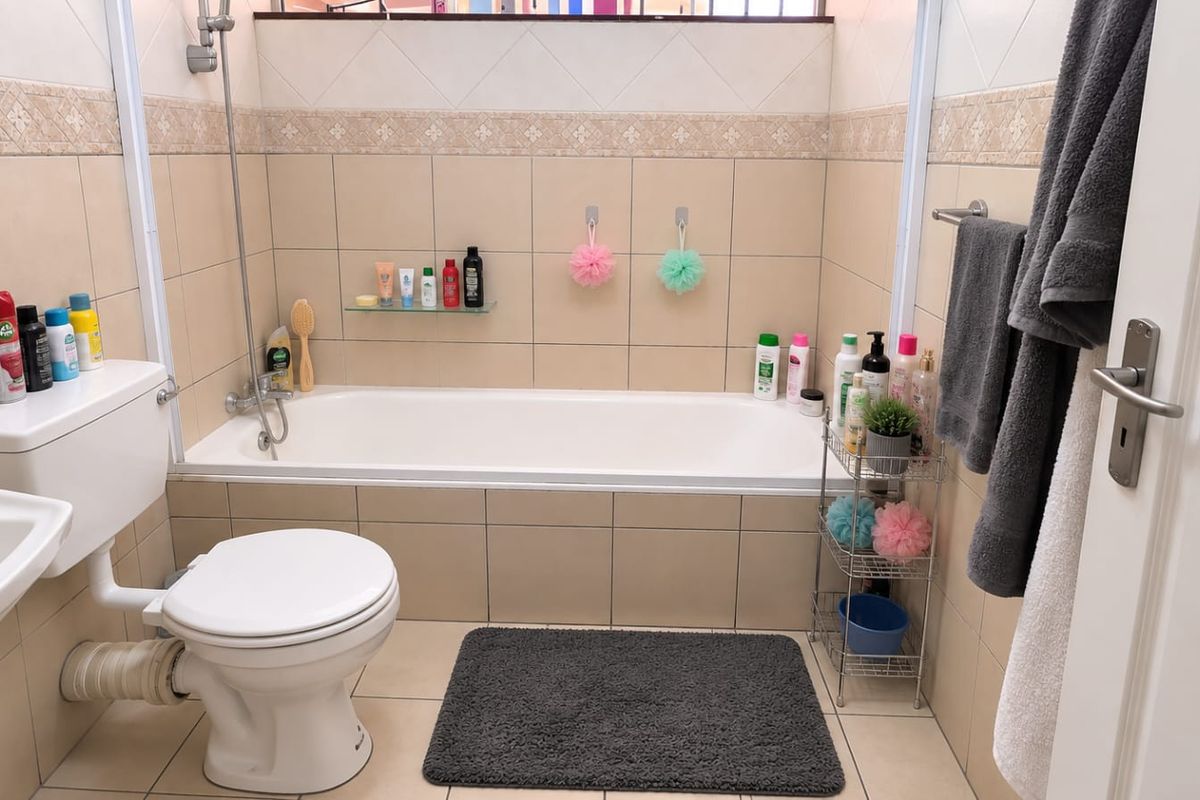 A functional bathroom featuring a built-in bathtub, wall-mounted shower head, toilet, and tiled wall finishes.