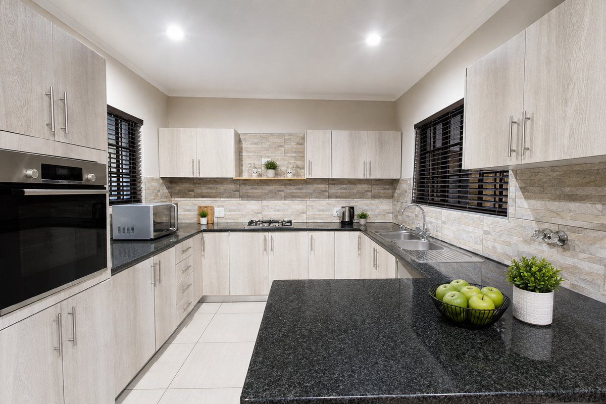 Modern kitchen featuring light wood-grain cabinetry, dark stone countertops, built-in oven, gas hob, and a double sink with tiled backsplash.