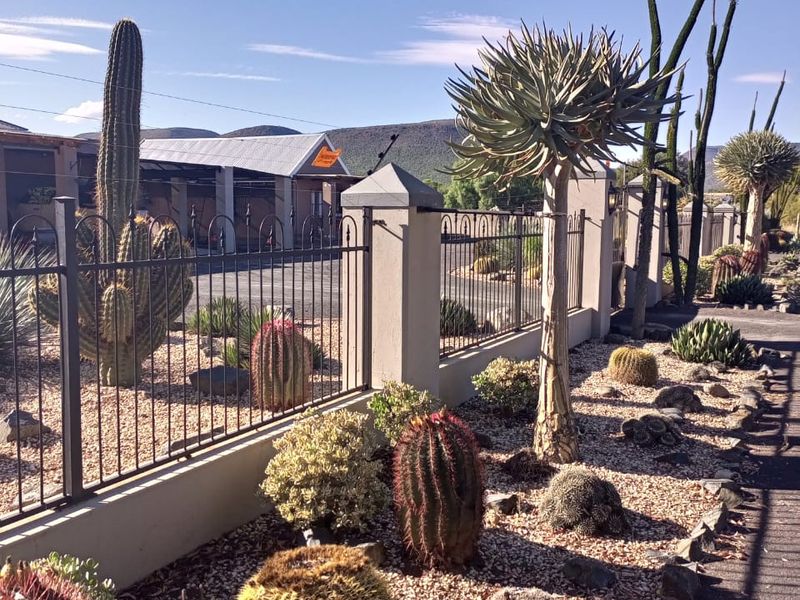 Front exterior view featuring a secure wrought iron fence with concrete pillars and established desert-style landscaping with gravel and various cacti.