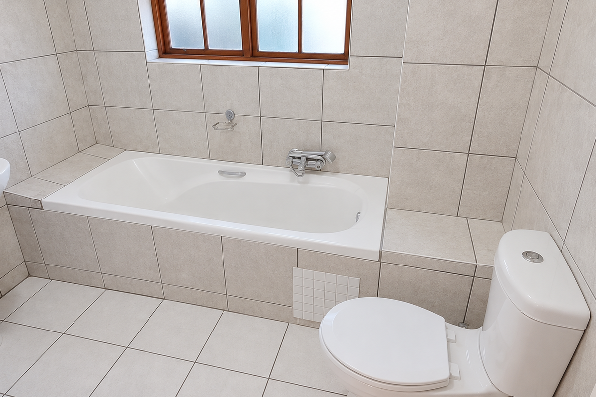 A clean, functional bathroom featuring a built-in bathtub, pedestal basin, and dual-flush toilet with neutral floor-to-ceiling tiling.