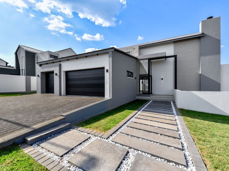 Modern contemporary front facade featuring a double garage, paved driveway, and a clean concrete walkway leading to the main entrance.