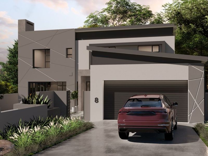 Modern double-story residential home featuring a contemporary facade, concrete driveway, and integrated double garage.