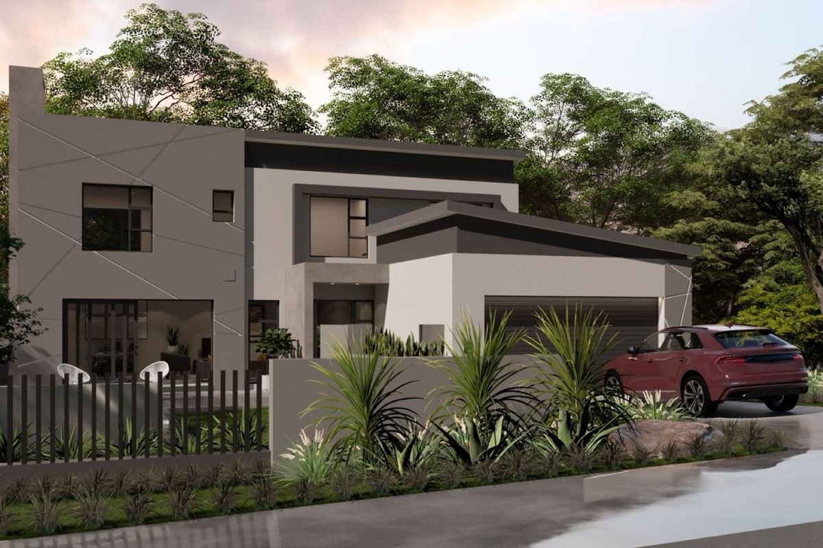A modern double-story residential facade featuring clean architectural lines, a paved driveway, integrated garage, and contemporary perimeter fencing.