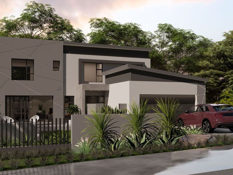 A modern double-story residential facade featuring clean architectural lines, a paved driveway, integrated garage, and contemporary perimeter fencing.
