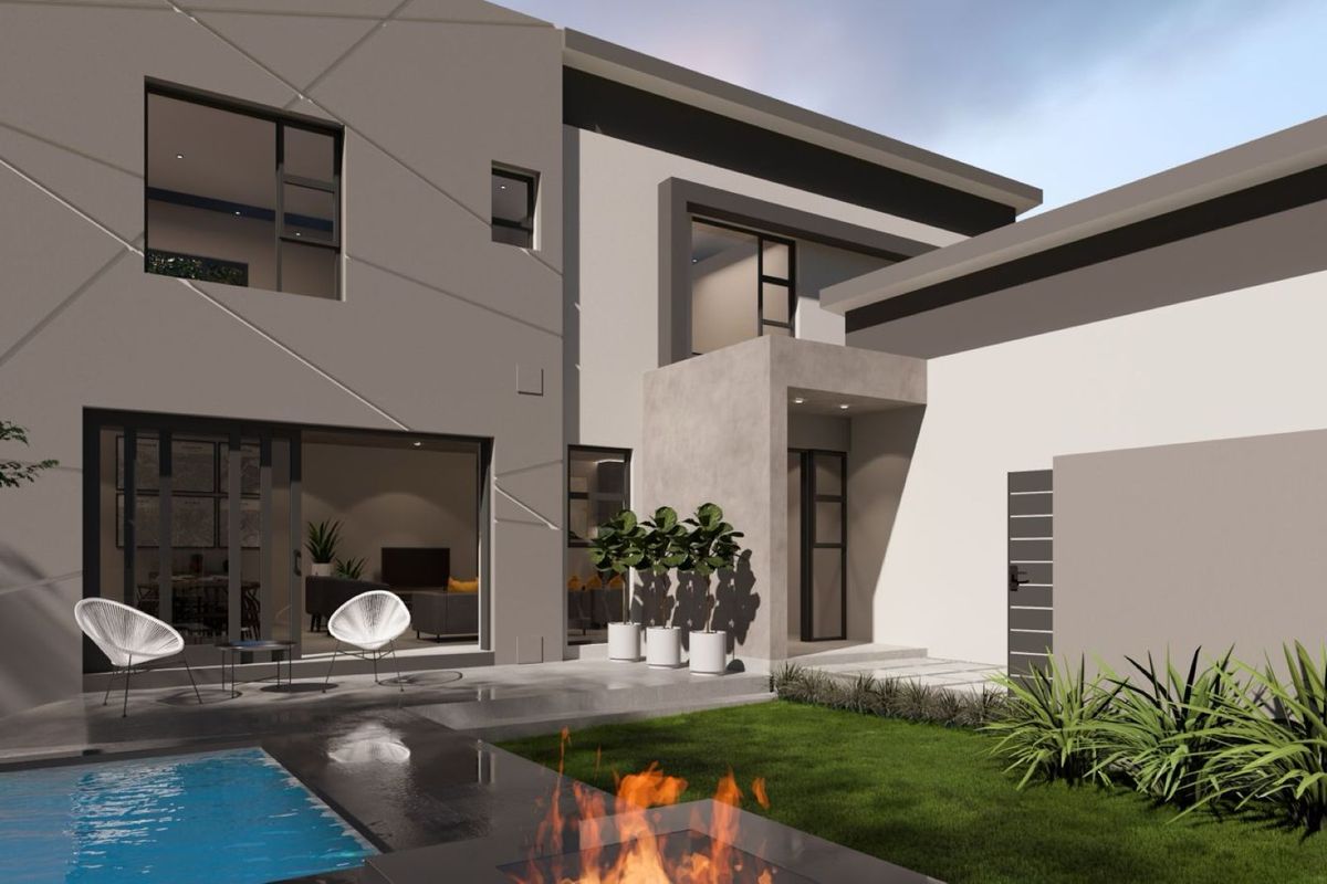Modern rear exterior view featuring a swimming pool, built-in fire pit, concrete patio, and landscaped garden with contemporary architectural design.