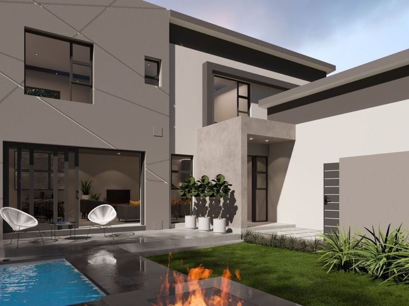 Modern rear exterior view featuring a swimming pool, built-in fire pit, concrete patio, and landscaped garden with contemporary architectural design.