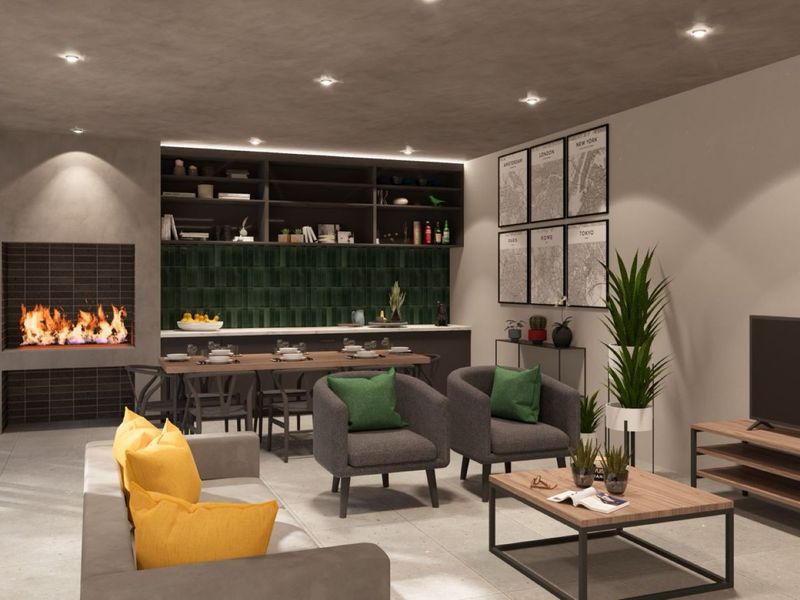 Modern open-plan living area featuring a built-in fireplace, tiled flooring, recessed lighting, and integrated shelving with a stylish tiled backsplash.