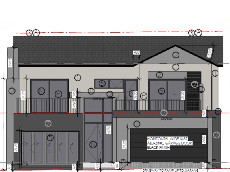 Architectural elevation drawing showing the proposed facade design, including garage, balconies, and roof structure for the residential property.