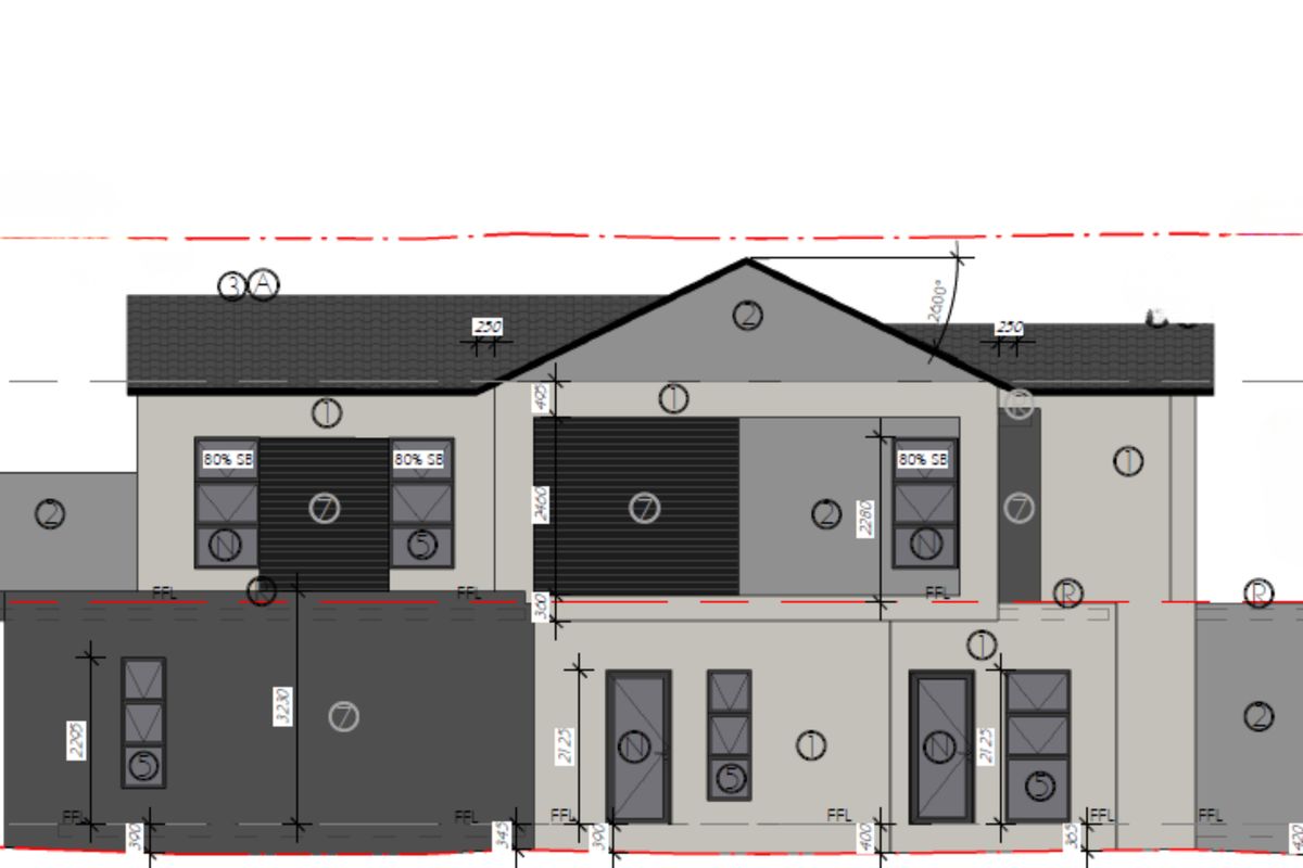 Architectural elevation drawing showing the proposed facade design, window placement, and roof structure for the residential property.