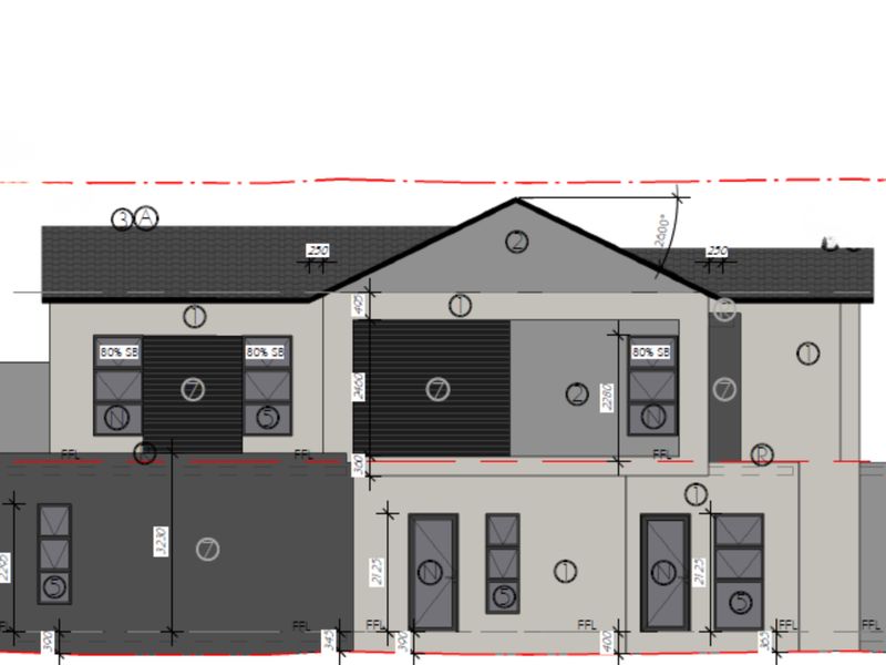 Architectural elevation drawing showing the proposed facade design, window placement, and roof structure for the residential property.