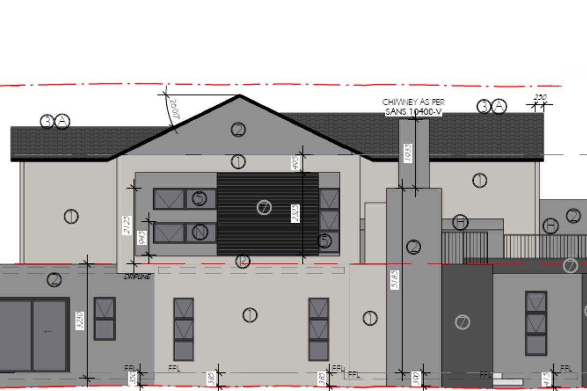 Architectural elevation drawing showing the proposed facade design, including roof pitch, chimney placement, and window and door configurations.