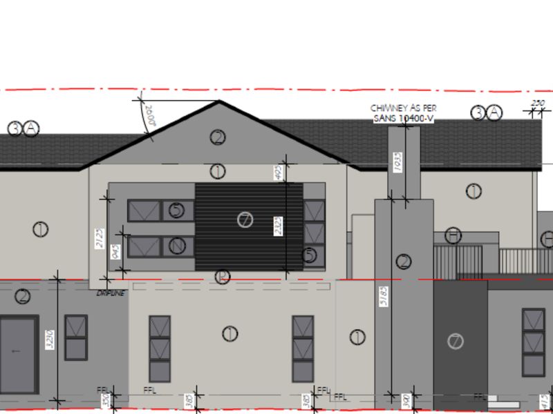 Architectural elevation drawing showing the proposed facade design, including roof pitch, chimney placement, and window and door configurations.